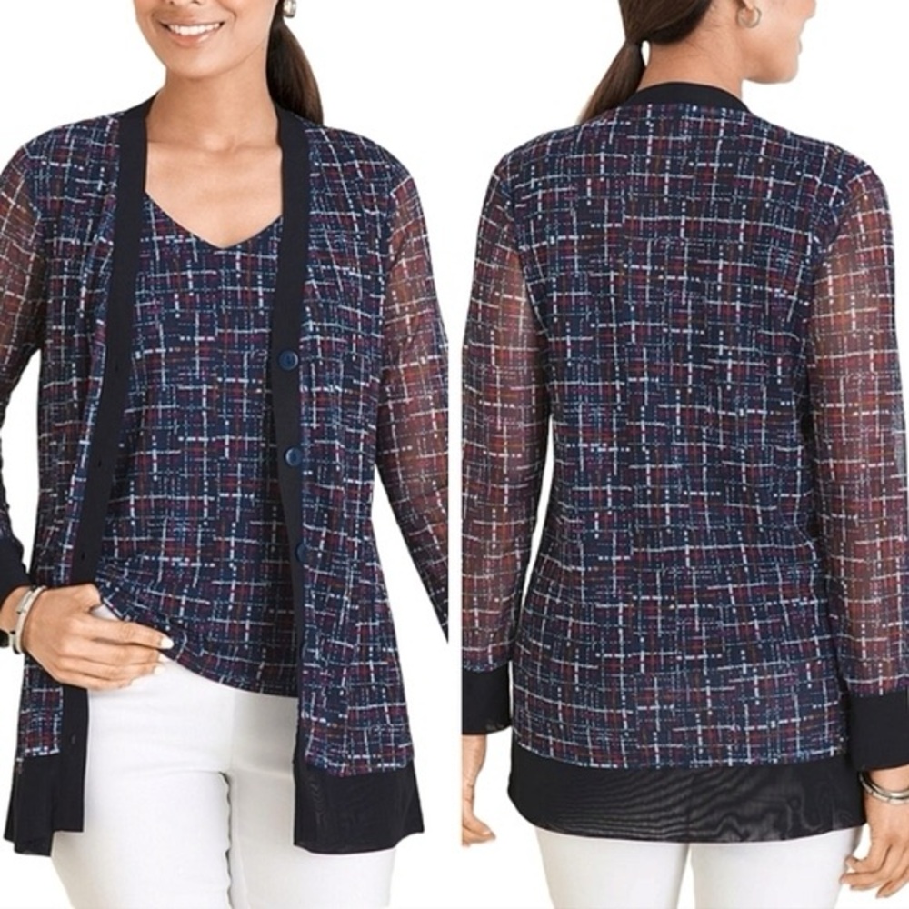 Chico’s blue abstract Sheer Cardigan  size 2/L